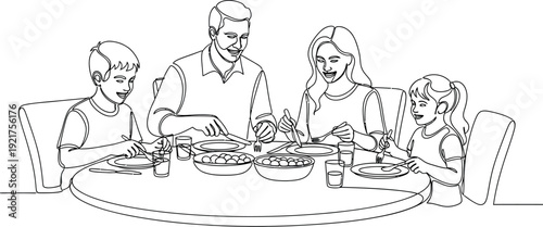 Happy family enjoying a shared meal together around a circular dining table in a continuous line art style illustration depicting togetherness and domestic warmth