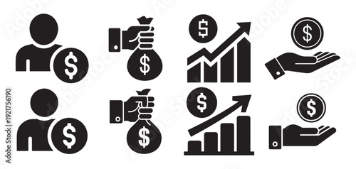 Financial success and market growth icons with money bag and rising graph. vector illustration eps 10