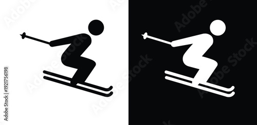 Skier in action pose flat design vector illustration on white and black background