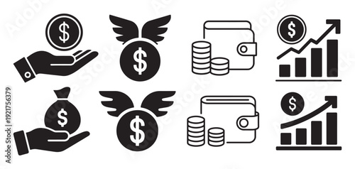 Fast money and digital wallet icons with flying dollar bags and wallet. vector illustration eps 10