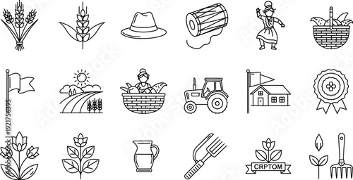 Collection of thin line art icons representing various elements associated with agriculture farming harvest celebration and rural lifestyle concepts