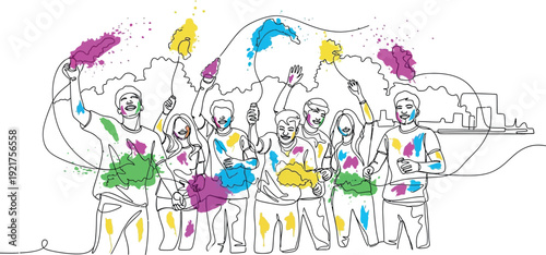 Joyful diverse group of young friends celebrating a vibrant festival by throwing colorful powder in the air with energetic smiles during a lively outdoor event.