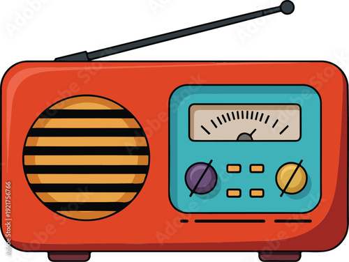 Retro Portable Radio Icon Set Front View, Dials, and Antenna