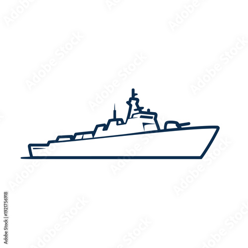 A simple blue line drawing depicts a modern naval destroyer ship silhouette