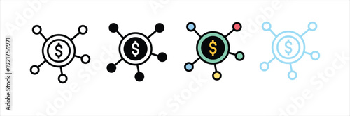 Money Network Icon with Dollar Coin and Nodes for Digital Finance. Vector Illustration.