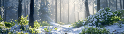 Forest in the beginning of spring with first green leaves on the trees and ground still covered with snow. Concept of spring coming, winter leaving and change.