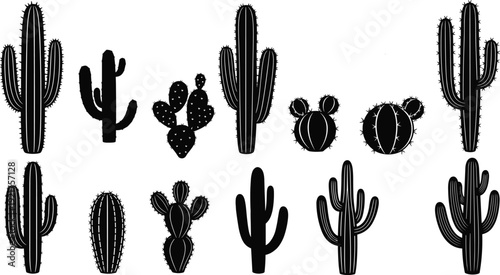 Comprehensive collection of various cactus silhouettes featuring saguaro prickly pear and barrel cacti species for desert landscape nature design illustrations