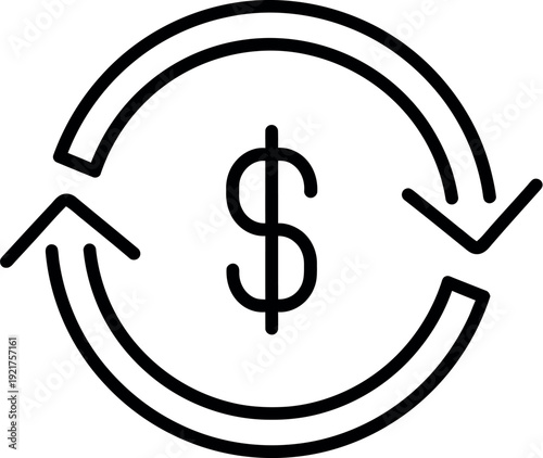 Simple black outline icon depicting continuous money circulation or currency exchange flow indicated by a dollar sign inside rotating arrows symbolizing constant financial transactions