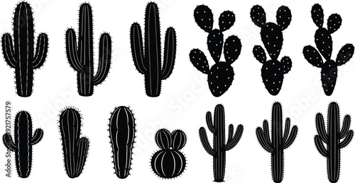 Comprehensive collection of various desert cactus silhouettes featuring saguaro and prickly pear species for arid landscape nature and botanical design