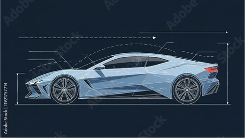 Detailed vehicle autocad blueprint of a futuristic sports car design on a dark background from a side viewpoint