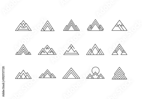Set of Geometric Mountain Peak Icons Abstract Line Art Nature Landscape Symbols for Outdoor Adventure Design Elements