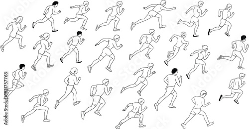 Running men and women line art set showing side view jogging and sprint poses isolated on white background