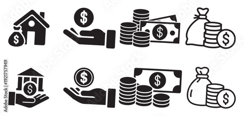 Investment and financial wealth icon set with hand holding money and cash stacks. vector illustration eps 10