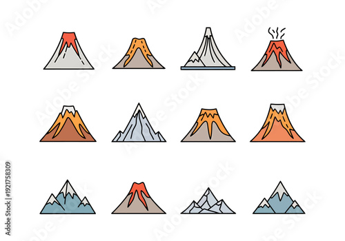 Collection of Stylized Volcanoes and Mountain Peaks Showing Various Geological Formations and Eruptive Activity Designs