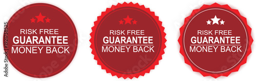 Red Risk Free Money Back Guarantee Badge Collection with Circular Warranty Seals and Refund Assurance Labels