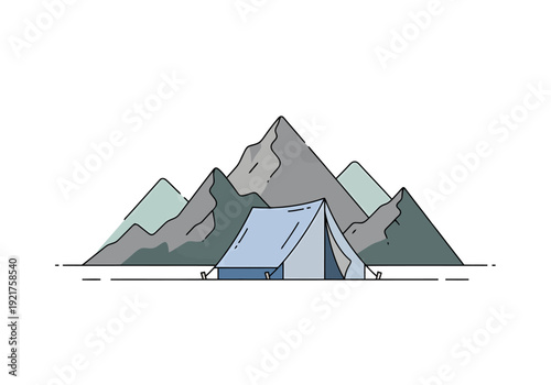 Tent set up in front of rugged mountain peaks under a clear sky for outdoor adventure and camping exploration