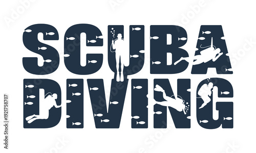 Scuba diving typography featuring silhouetted divers and marine life illustrations