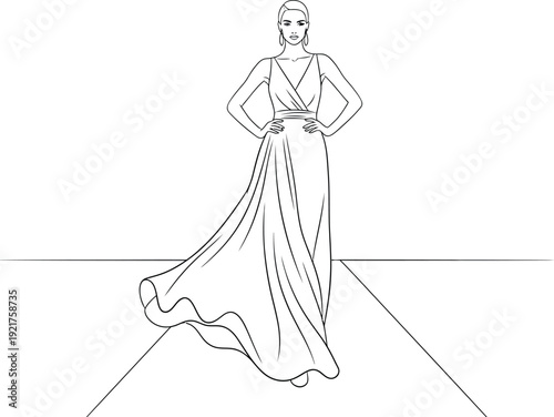Elegant black and white line art illustration of a poised fashion model showcasing a flowing evening gown while confidently posing for the runway audience.