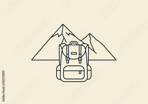 Outdoor Backpack in Front of Mountain Peaks Minimalist Outline Design Elements for Adventure and Travel Concepts