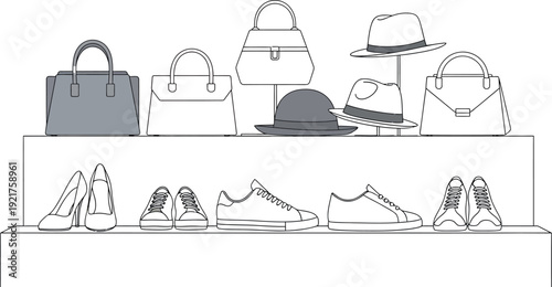 Collection of stylish accessories featuring various handbags dress hats and assorted footwear displayed neatly on clean white shelving units for retail presentation
