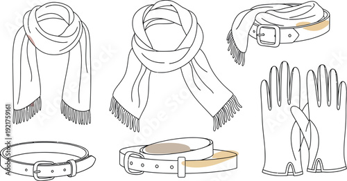 Collection of stylish winter and cold weather accessories featuring warm fringed scarves classic leather belts and elegant long gloves for seasonal fashion ensembles