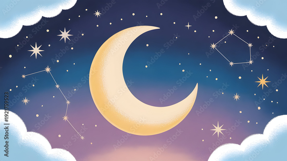 Fototapeta premium A serene night sky with a crescent moon and stars