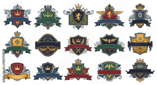 Collection of Royal Crests and Heraldic Shields with Banners.