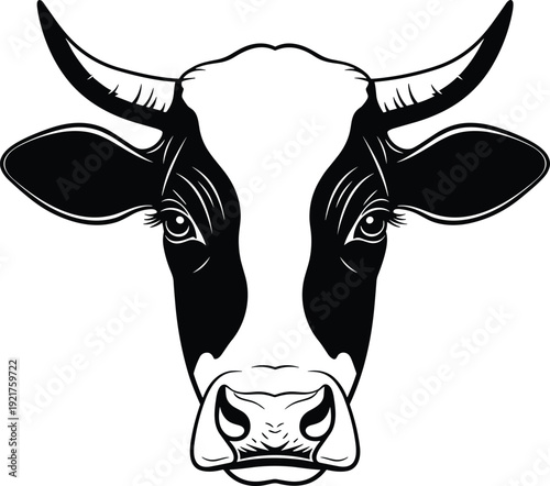 Black and white cow head vector illustration, dairy cattle portrait with horns, hand drawn farm animal icon isolated on white.