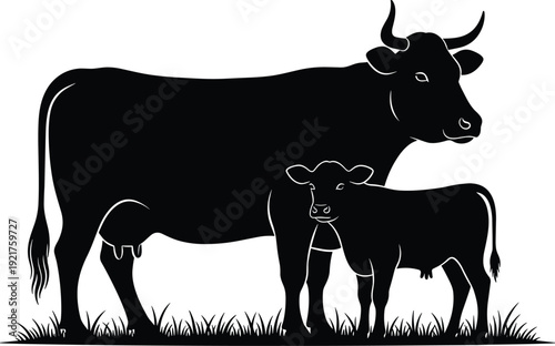 Black and white cow and calf silhouette vector illustration, farm livestock family standing on grass, isolated rural agriculture design