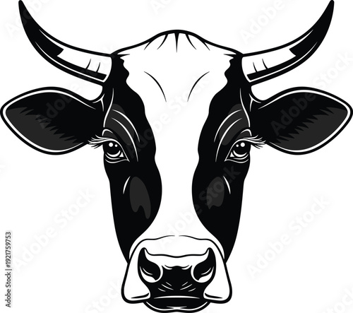 Black and white cow head vector illustration, symmetrical farm animal portrait logo design, isolated on light background, bold graphic style