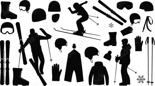 Black silhouettes of winter sports equipment and activities on white background
