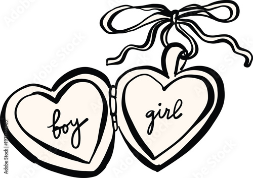 Boy and Girl Heart Tags Line Art Illustration for Baby Shower and Gender Reveal
