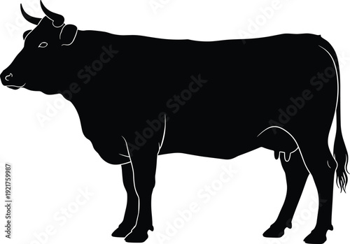 Black farm animal silhouette set with bulls, cattle, pigs, sheep, roosters, and fish icons, livestock collection for rural agricultural branding.