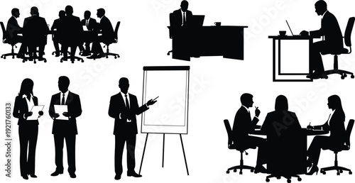 Set of diverse business silhouettes featuring office meetings professional presentations and corporate staff working at desks for leadership and collaboration themes