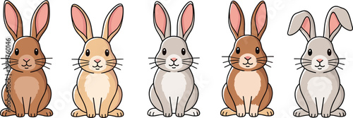 Set of five cute cartoon rabbit characters with different fur colors and ear positions sitting isolated on white background for Easter or pet design.