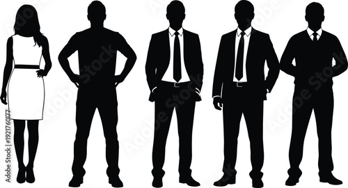 Black silhouette business team group men women standing confident poses, professional office workers suits dress figures, corporate diversity unity vector illustration