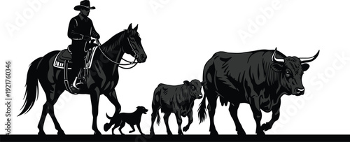Black farm animal silhouette set with cattle, bull, cow, pig, sheep, rooster, horse, cowboy, and dog icons for agricultural rural branding.