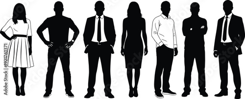 Black silhouette diverse business team group standing confident poses, men women professional figures suits dress casual, corporate unity diversity vector illustration