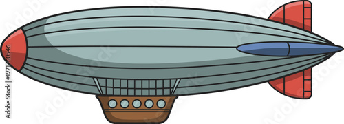 Gray and blue airship with red fins and a brown gondola zeppelin