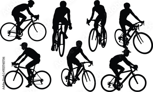 Seven black silhouettes of cyclists riding bicycles in various positions on a white background