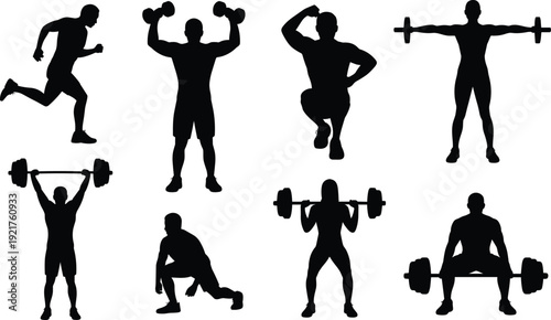 Silhouettes of people performing various exercises and weightlifting activities dumbbells