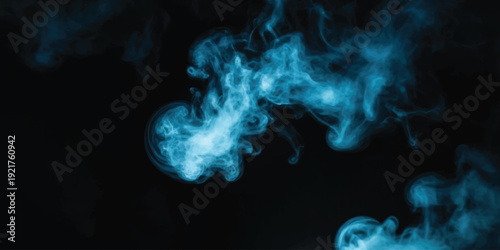 Ethereal blue smoke swirls and glows brightly in the darkness, creating an abstract and mysterious atmosphere