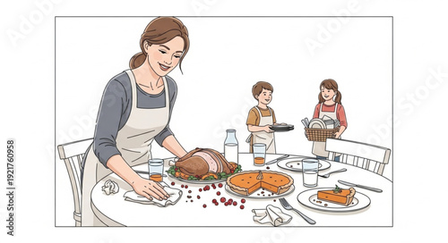 Mother Preparing Meal with Children.