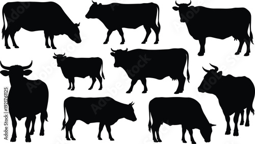 Silhouettes of various cows and bulls in different poses on a white background black
