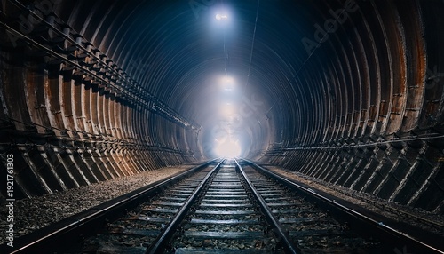 dark rail tunnel with lamps disappearing into misty distance