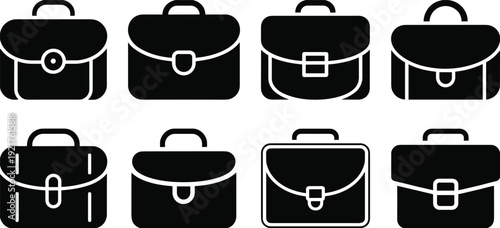 Minimalist black and white briefcase icons set, business portfolio symbols, professional work bag collection, cad drawing flat vector illustration