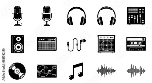 Collection of music and audio equipment icons.