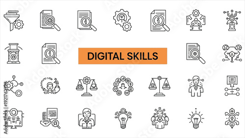 Digital skills icons. Creativity, media literacy, information search, data filtering, and content evaluation. Vector set