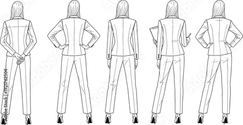 Business woman back view line art illustration set showing professional female poses in office attire, corporate characters isolated vector collection
