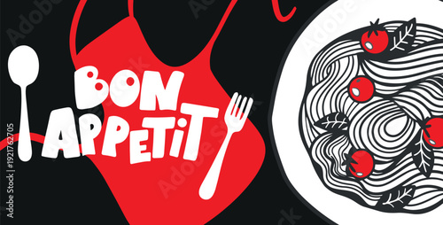 Hand-drawn Bon appétit typography poster design with Vector calligraphy, pasta meal, fork, and spoon.